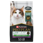 Purina Pro Plan LiveClear turkey and rice indoor cat food bag showing allergen-reducing formula for indoor cats