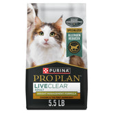 Purina Pro Plan LiveClear weight-management bag view highlighting allergen-reducing formula.