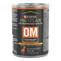 Purina Pro Plan Veterinary Diets OM overweight wet dog food cans pack of 12 supports weight management.