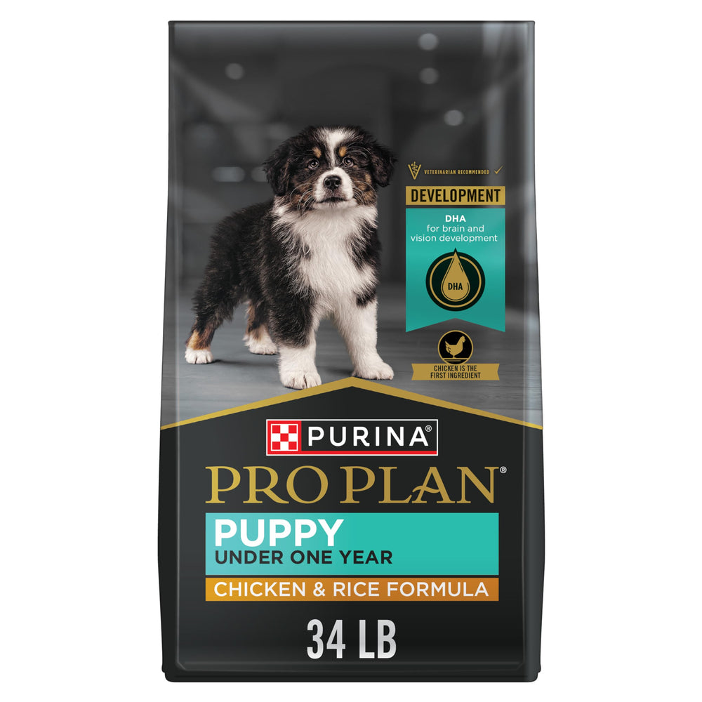 Purina Pro Plan Puppy Chicken and Rice dry food bag highlights premium nutrition for growing puppies.