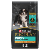 Purina Pro Plan puppy kibble close-up showing chicken first ingredient for lean muscles