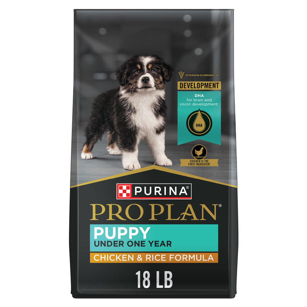 Purina Pro Plan puppy kibble with real chicken first ingredient.
