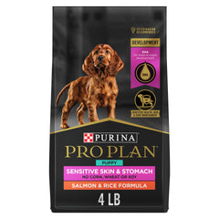 Purina Pro Plan Puppy Salmon and Rice ingredient close-up highlighting top salmon for growth.