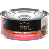 Purina Pro Plan salmon and brown rice pate can, showcasing real salmon flavor for nutrition