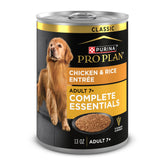 Purina Pro Plan SENIOR 7+ wet dog food can close-up with real chicken, supporting appetite