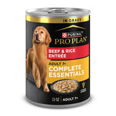 Purina Pro Plan Senior beef and rice entree in gravy can for dogs 7+, supports lean muscle.