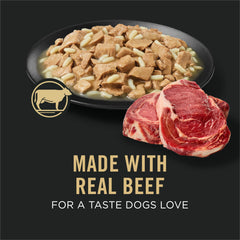 Purina Pro Plan Senior beef and rice entree can nourishes skin and coat.