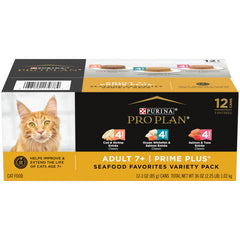 Purina Pro Plan SENIOR Seafood Favorites pate can front view for seniors, real fish flavor