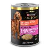 Purina Pro Plan Senior Salmon and Rice Entree in can showing real salmon for lean muscle support.
