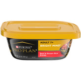 Purina Pro Plan Senior Bright Mind 7+ beef and brown rice tub pack supports senior dogs' mealtimes