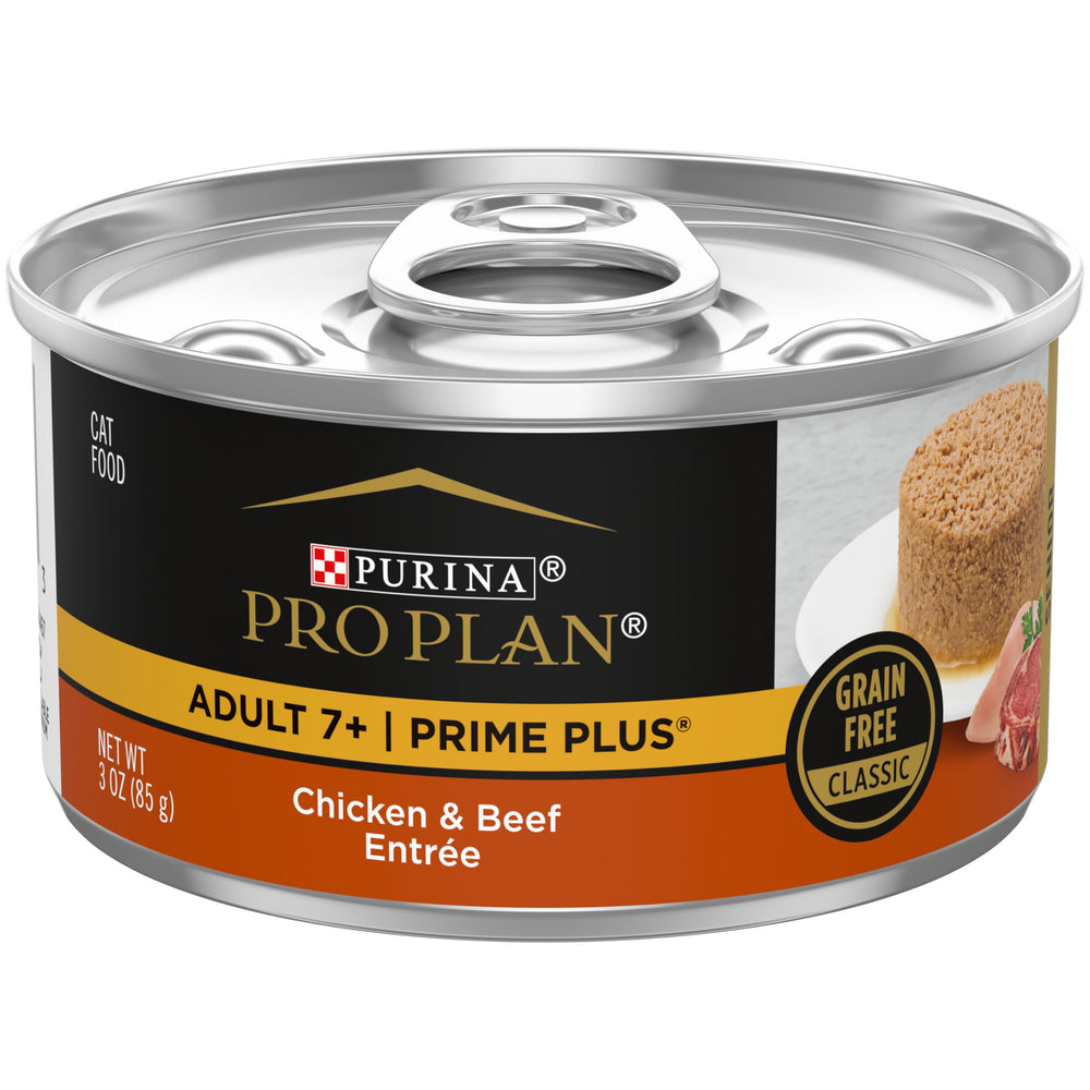 Purina Pro Plan Senior wet pate in pull-top can, chicken and beef entree, convenient 3 oz portions.