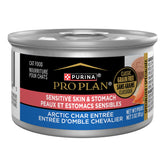 Purina Pro Plan Sensitive Skin and Stomach Arctic Char Entree pâté in pull-top can close-up; gentle digestion option.