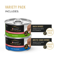 Purina Pro Plan Sensitive Skin and Stomach Arctic Char entree pate can supports coat and immune health.