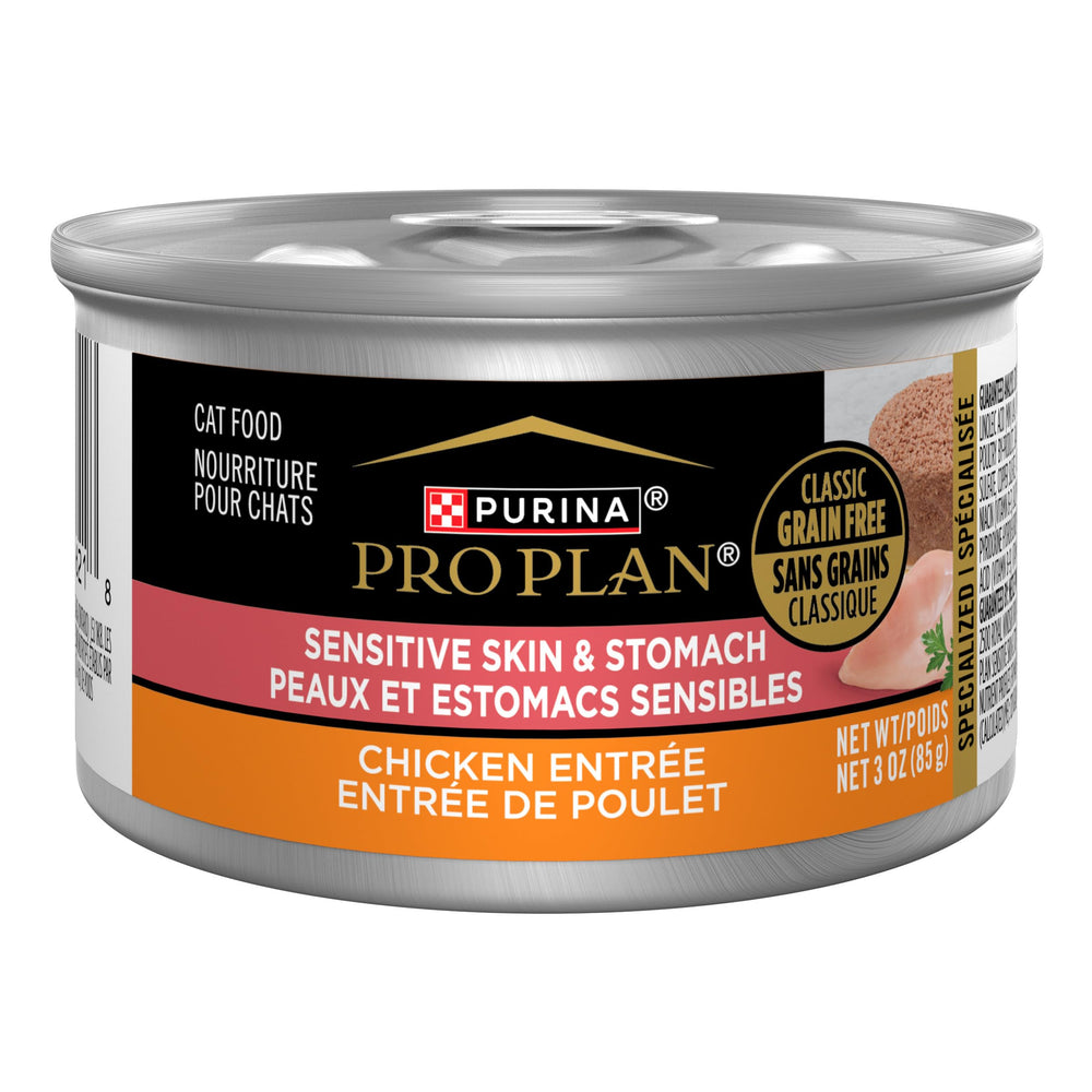Purina Pro Plan Sensitive Skin and Stomach wet cat food pate with chicken entree in pack24, highlighting grain-free formula for sensitive digestion