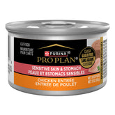 Purina Pro Plan Sensitive Skin and Stomach wet cat food pate with chicken entree in pack24, highlighting grain-free formula for sensitive digestion