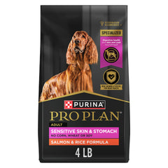 Purina Pro Plan Sensitive Skin and Stomach bag front highlights a complete dry dog food.