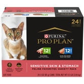 Purina Pro Plan Sensitive Skin and Stomach duck entree pate can supports skin and coat.