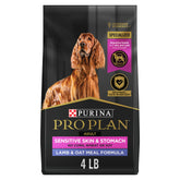 Purina Pro Plan sensitive skin and stomach bag front with lamb and oats for gentle digestion.