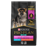 Purina Pro Plan Sensitive Skin and Stomach large-breed puppy bag with salmon main ingredient supports gentle digestion.