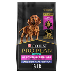 Purina Pro Plan puppy food bag front highlights lamb and oat meal for gentle digestion.