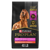 Purina Pro Plan Sensitive Skin and Stomach bag front—formula designed for skin and digestion.
