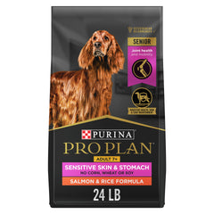 Purina Pro Plan sensitive skin stomach senior 7+ salmon and rice bag supports digestion.