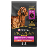 Purina Pro Plan Sensitive Skin and Stomach Senior 7+ dry dog food bag front view, tailored for senior nutrition.