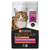 Purina Pro Plan Sensitive Skin and Stomach senior cat kibble in a bowl, tasty and easy to digest.