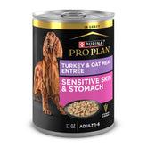 Purina Pro Plan Sensitive Skin and Stomach turkey-oatmeal entree with gravy, moisture-rich for dogs.