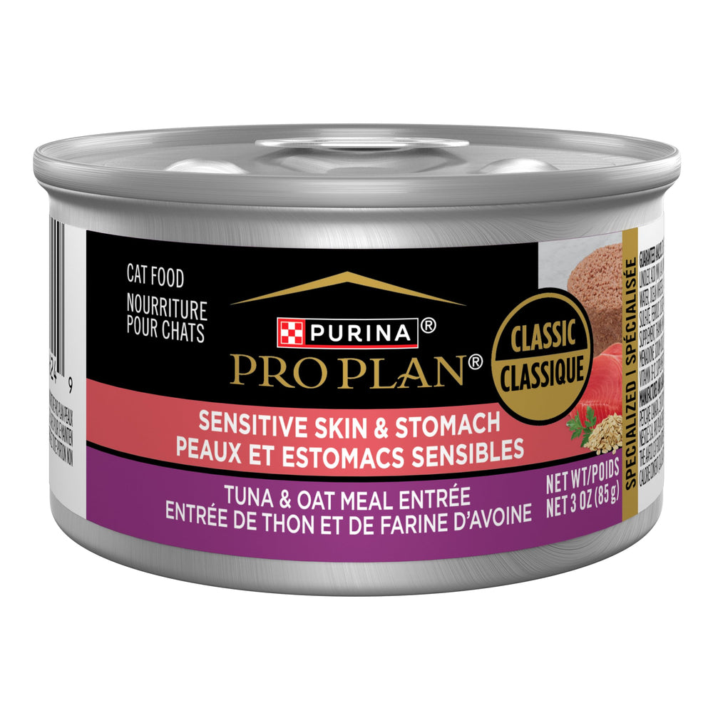 Purina Pro Plan Sensitive Skin tuna-oat-entree can, supports digestion and gentle nourishment.