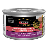 Purina Pro Plan Sensitive Skin tuna-oat-entree can, supports digestion and gentle nourishment.