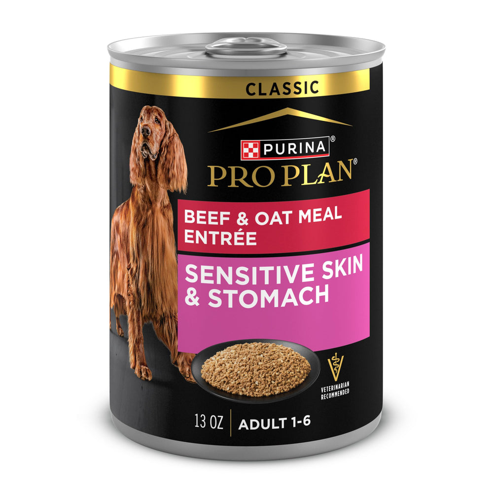 Purina Pro Plan Sensitive Skin and Stomach beef pate close-up highlights savory texture enjoyed by dogs