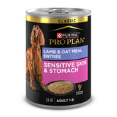 Purina Pro Plan Sensitive Skin Lamb Oat Meal Entree can, gentle digestion for dogs.
