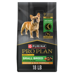Purina Pro Plan Small Breed shredded chicken bag for seniors.