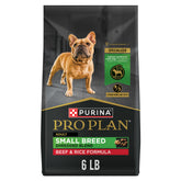 Purina Pro Plan Small Breed bag front showing active small dogs' nutrition.