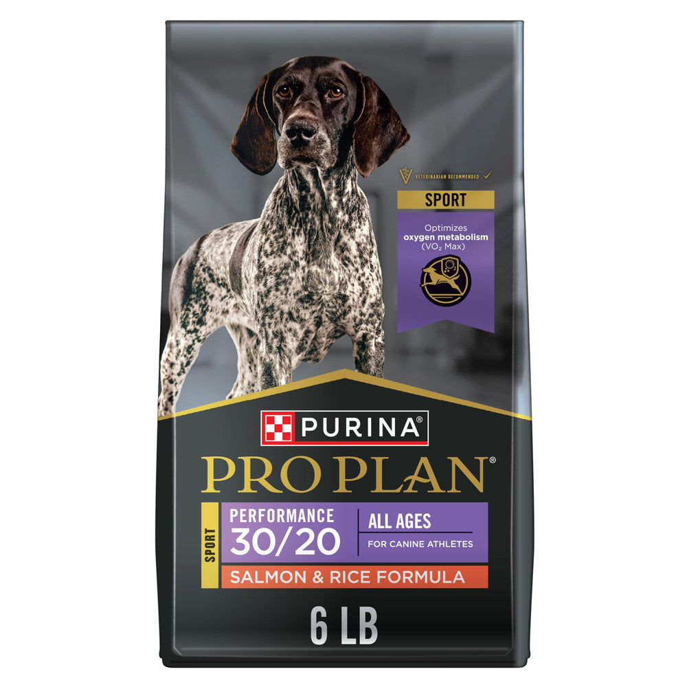 Purina Pro Plan Sport 30/20 Salmon and Rice bag highlights high-protein formula for active dogs.