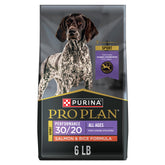 Purina Pro Plan Sport 30/20 Salmon and Rice bag highlights high-protein formula for active dogs.