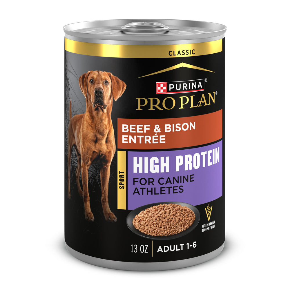 Purina Pro Plan Sport Entree Beef Bison 13oz closeup showing real meat for active dogs