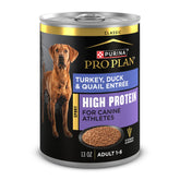 Purina Pro Plan Sport Entree can with turkey, duck and quail for active dogs.
