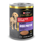 Purina Pro Plan Sport high-protein puppy beef and rice entree can supports lean muscles.