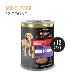 Purina Pro Plan Sport puppy beef and rice entree close-up highlighting real beef.