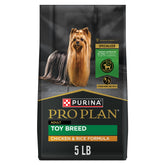 Purina Pro Plan Toy Breed bag front highlights premium chicken-and-rice formula for small dogs