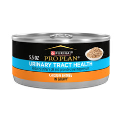 Purina Pro Plan Urinary Tract Health Chicken Entree in Gravy can close-up showing real chicken protein.