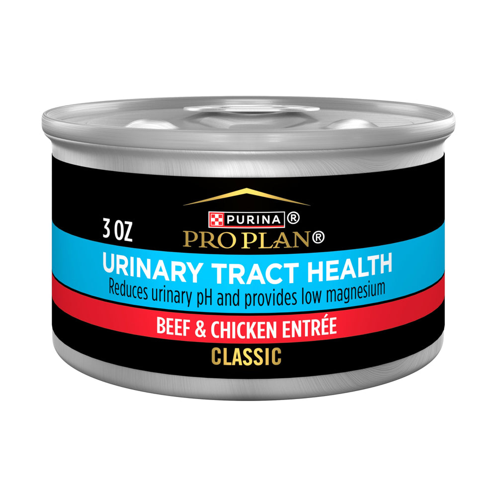 Purina Pro Plan Urinary Tract Health beef and chicken entree can, featuring real meat.