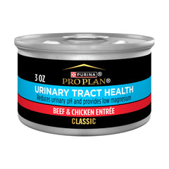 Purina Pro Plan Urinary Tract Health beef and chicken entree can, featuring real meat.