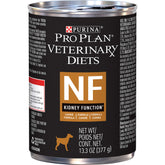 Purina Pro Plan NF kidney function wet dog food can; protein-controlled option.