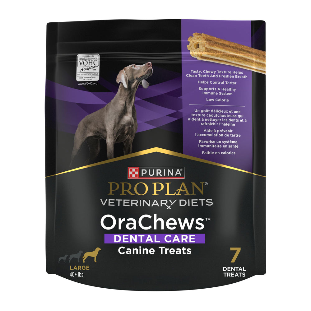 Purina Pro Plan OraChews large-breed dental chews in bag for tartar control.