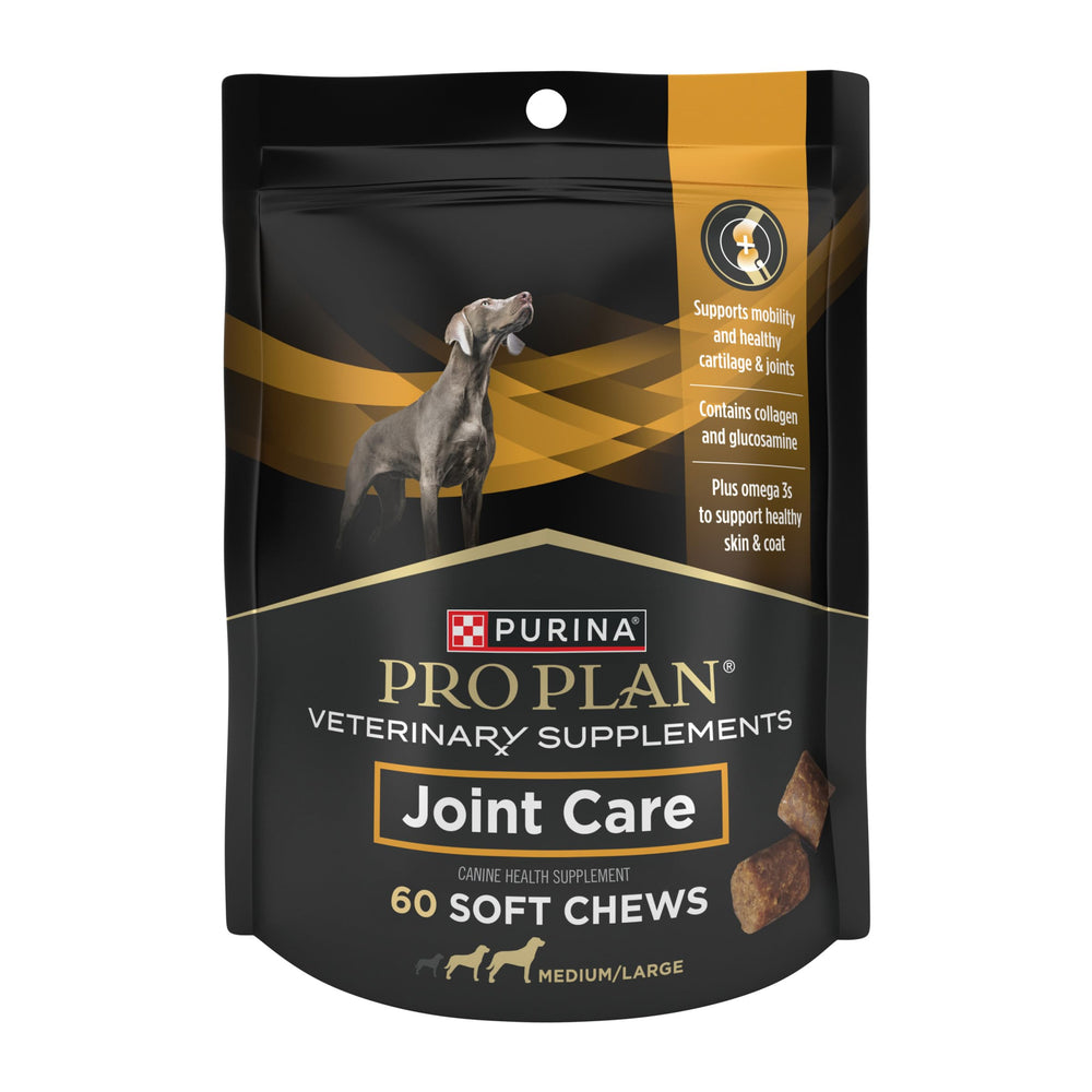 Purina Pro Plan Veterinary Joint Care large-dog chews in bag supporting mobility.