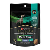 Purina Pro Plan Multi Care dog supplements pouch shows soft chews for skin and coat support.