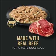 Purina Pro Plan Weight Management beef chunks close-up highlighting meaty texture.
